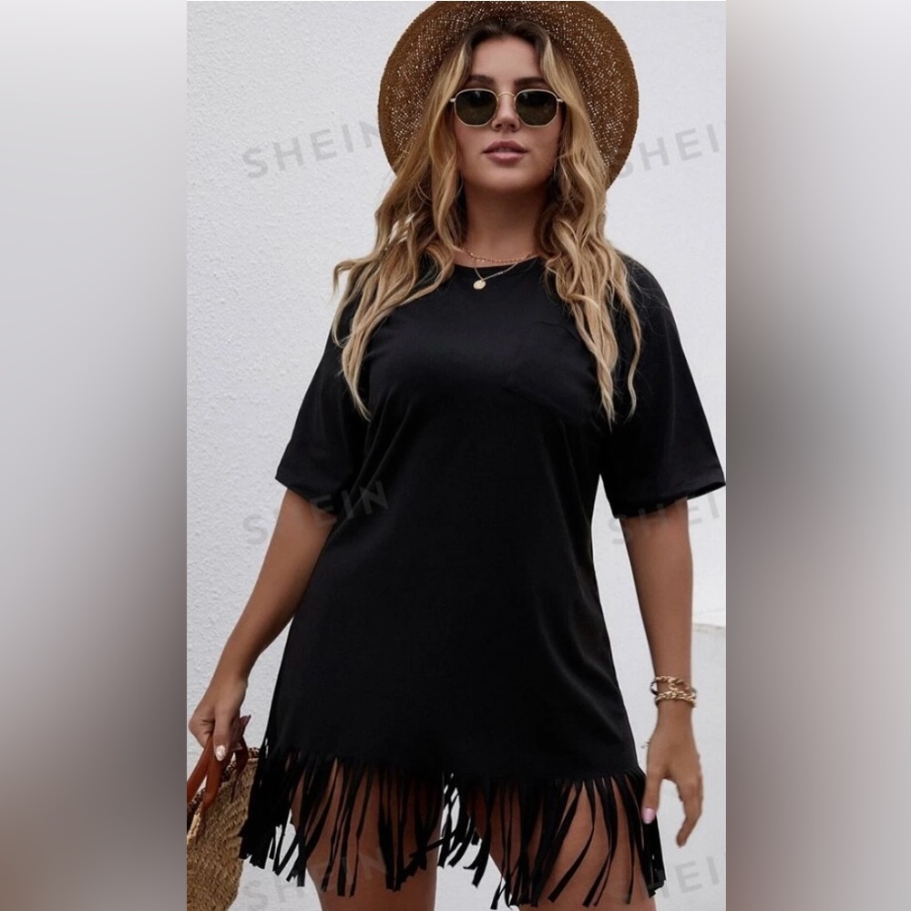 SHEIN EZwear Plus Solid Fringe Hem Tee Dress
